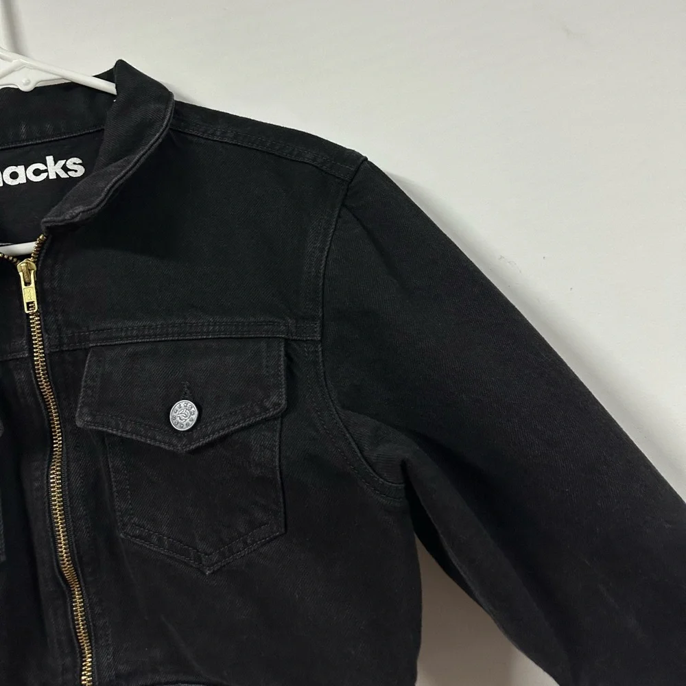 $336 Snacks Mother Women's Black The Chiclet Zip Crop Denim Jacket Size Small - Picture 4 of 8